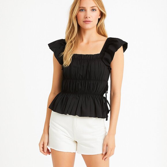 2/$30 SHEIN Soleia Cap Sleeve  Ribbon Tie Wrapping Gathered Blouse 2 #A0239 TRB2 - Picture 1 of 8